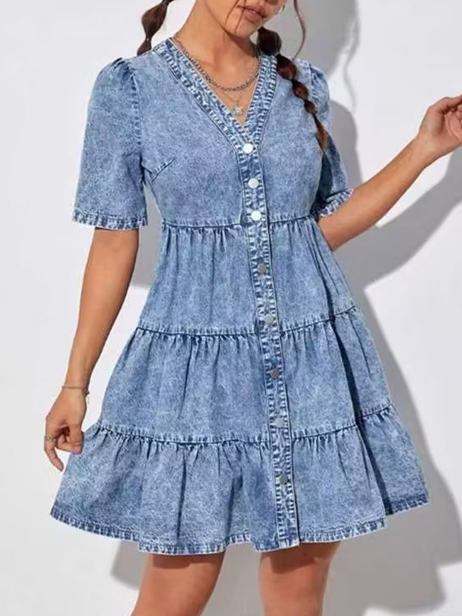 V-Neck Loose Denim Short-Sleeved Cake Cardigan Mini Dress