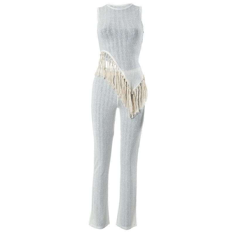 Irregular sleeveless textured crewneck tassels solid pant set