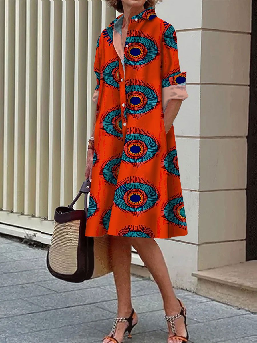 Abstract Eye Print Casual Loose Long Sleeve Shirt Dress