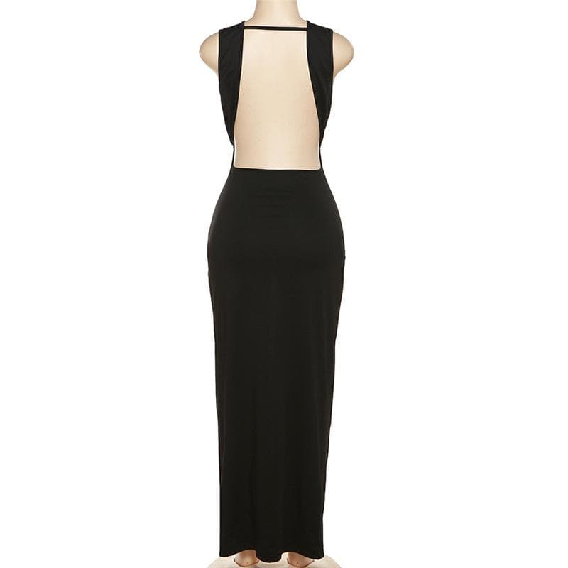 Sleeveless v neck solid slit knotted backless midi dress