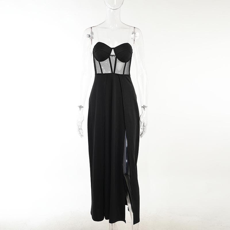 Mesh heart neck high slit pleated tube maxi dress