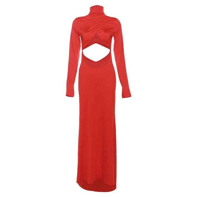 Hollow out solid long sleeve high neck zip-up cut out maxi dress