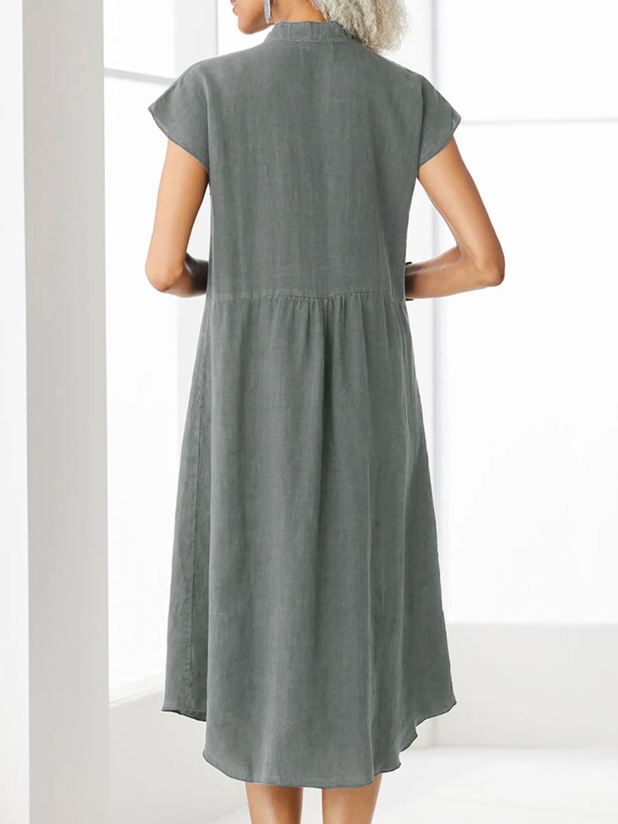 Stand Collar Cotton and Linen Pocket Short Sleeve Shirt Dress