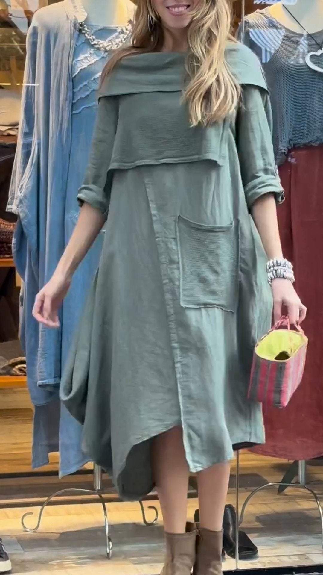 Women's Cotton and Linen Dress with Hem Collar and Mid-length Sleeves