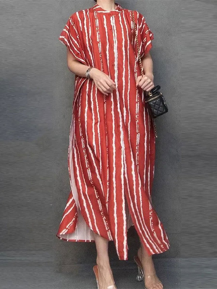 Striped Print Swallowtail Slit Short Sleeve Shirt Maxi Dress