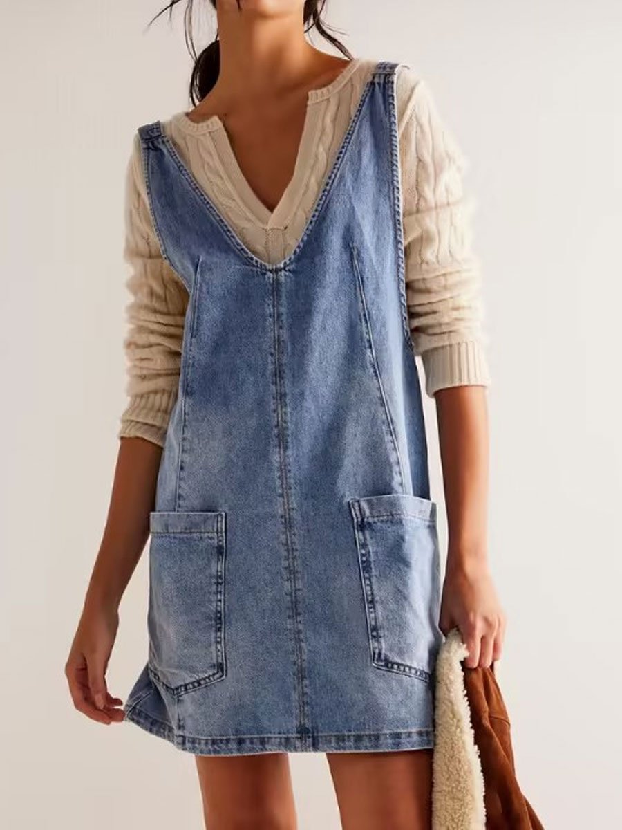 V-Neck Loose Casual Pocket Denim Sleeveless Mini Dress