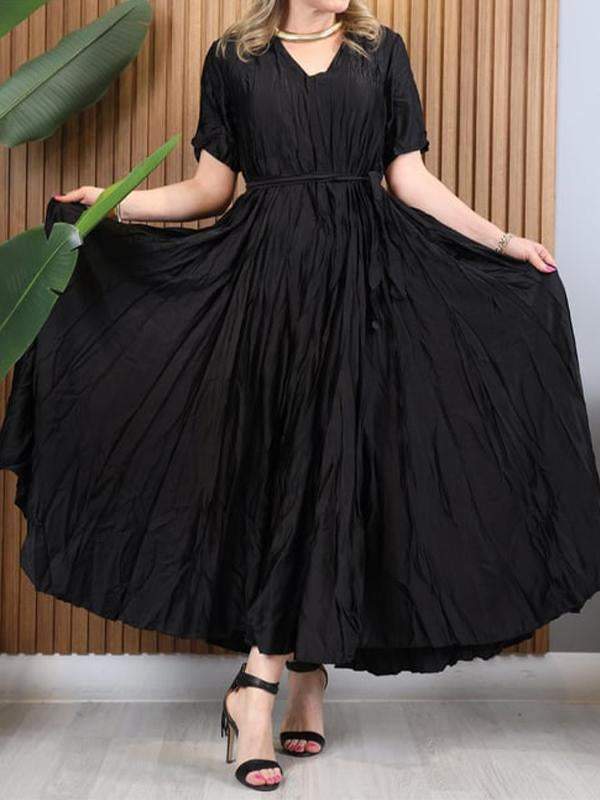 Women's V-neck Solid Color Pleated Dress