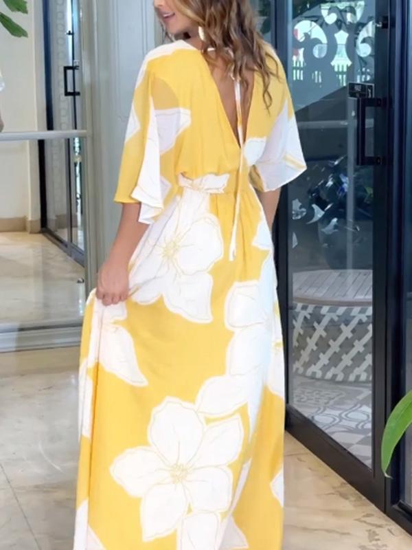 Women's Elegant V-Neck Printed Long Dress