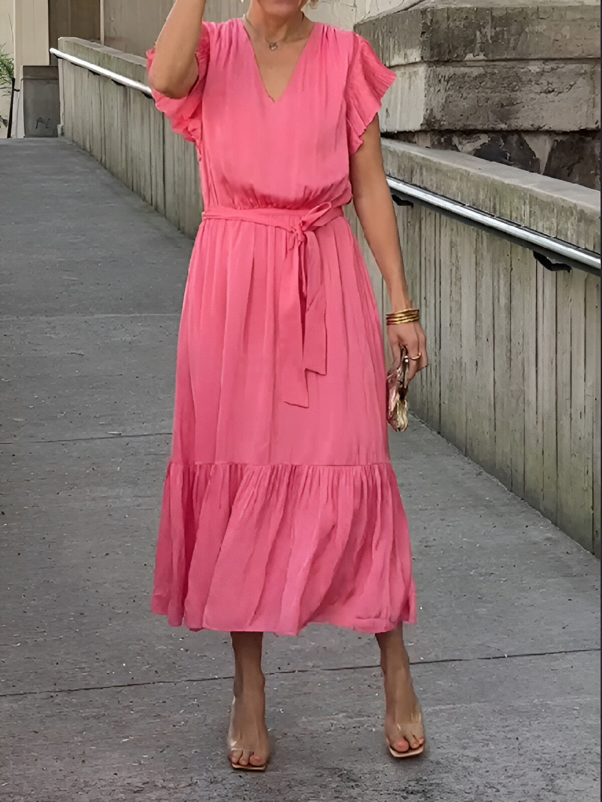 ruffled flying sleeves V-neck dress