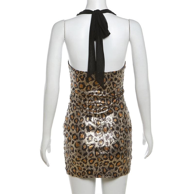 Halter cowl neck leopard print glitter mini dress