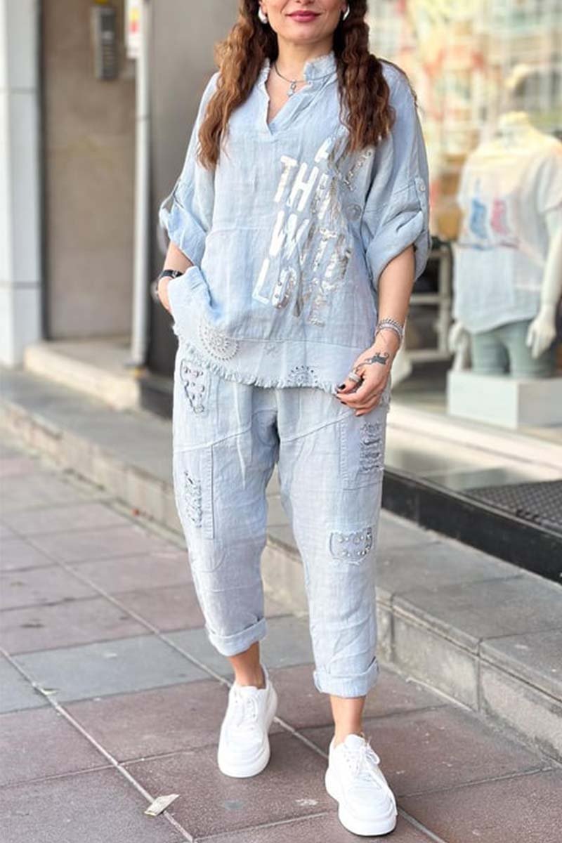 Women's casual letter printed cotton and linen top + pants set