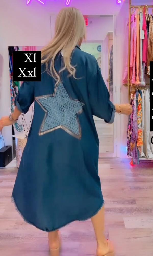 Appliqué embroidered star denim shirt dress