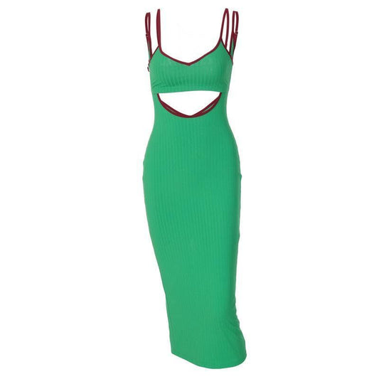 Hollow out V neck ribbed cut out midi dress