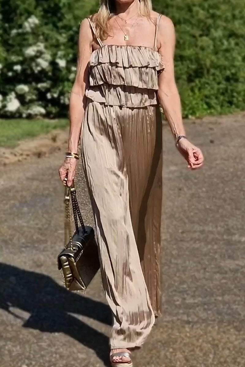 Women's champagne ruffle suspender jumpsuit