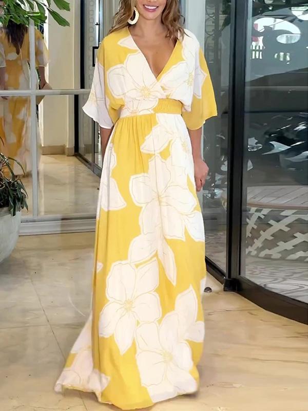 Women's Elegant V-Neck Printed Long Dress