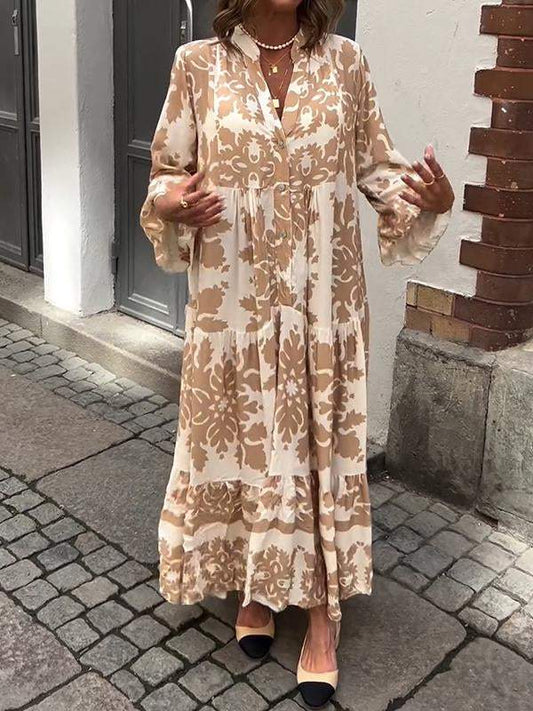 V-neck Printed Long-sleeved Loose Dress