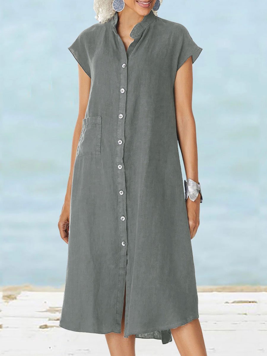 Stand Collar Cotton and Linen Pocket Short Sleeve Shirt Dress