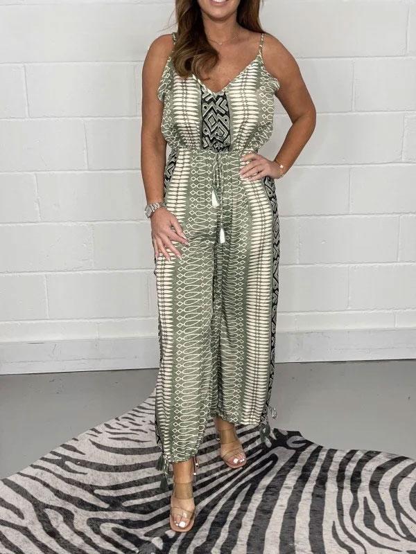 Women's Boho National Print Drawstring Wide Leg Jumpsuit