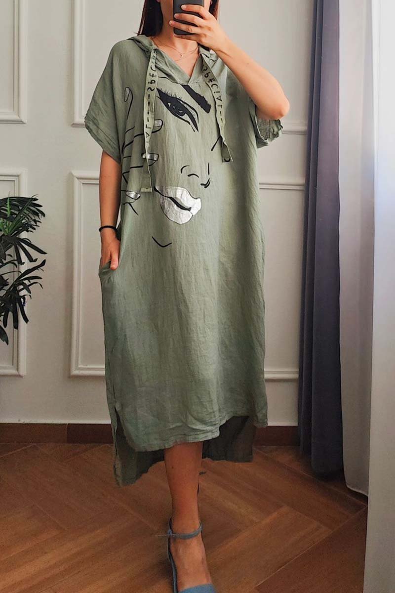 casual hooded cotton and linen dress