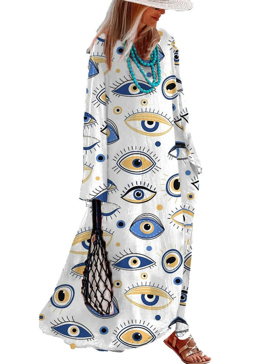 Round Neck Art Eyes Printed Casual Loose Long Sleeve Maxi Dress