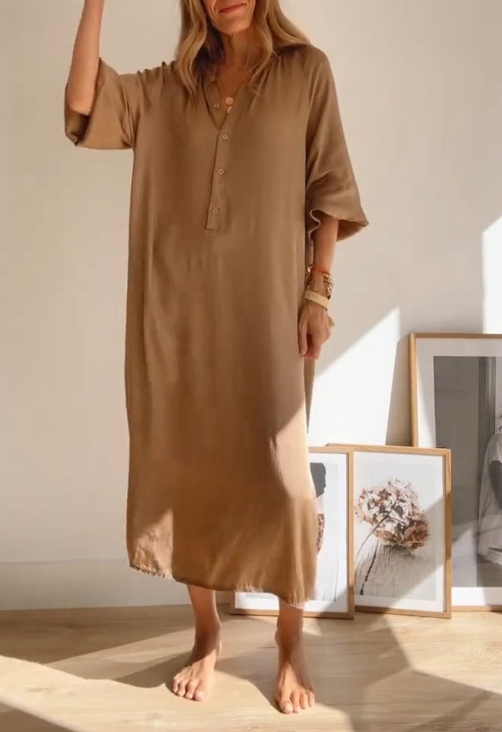 Casual V-neck Half-button Loose Dress