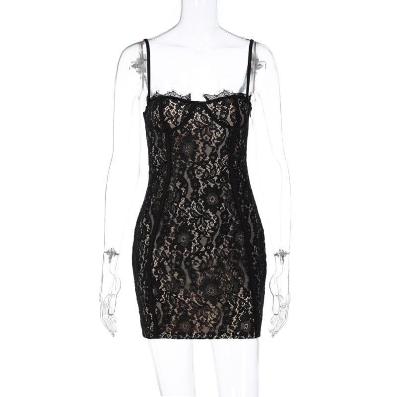 Lace contrast zip-up backless cami mini dress