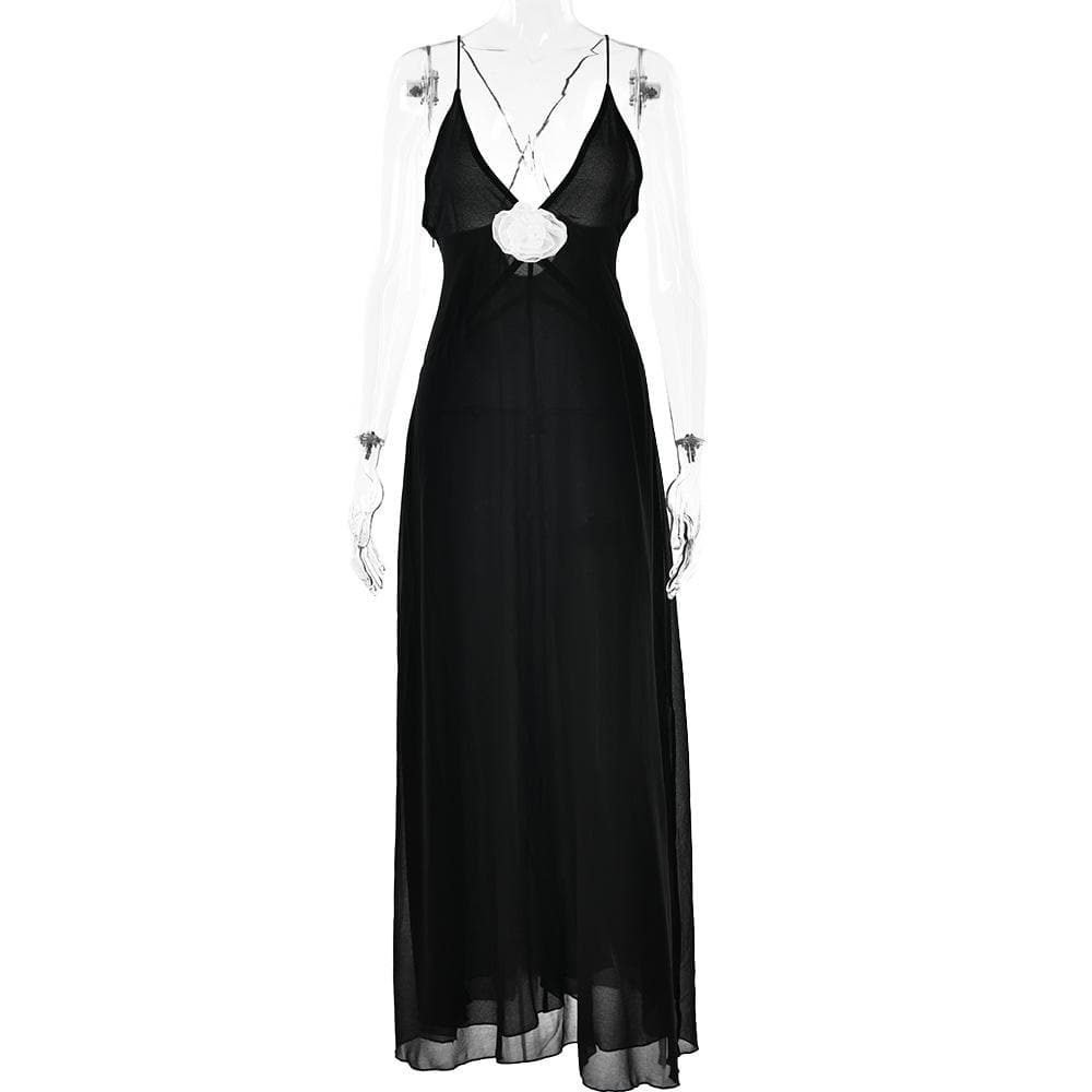 Flower applique v neck ruched zip-up cross back maxi dress