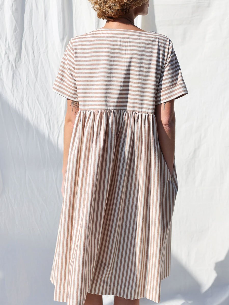 Cotton And Linen Striped Casual Loose Pocket Short-Sleeved Midi Dress