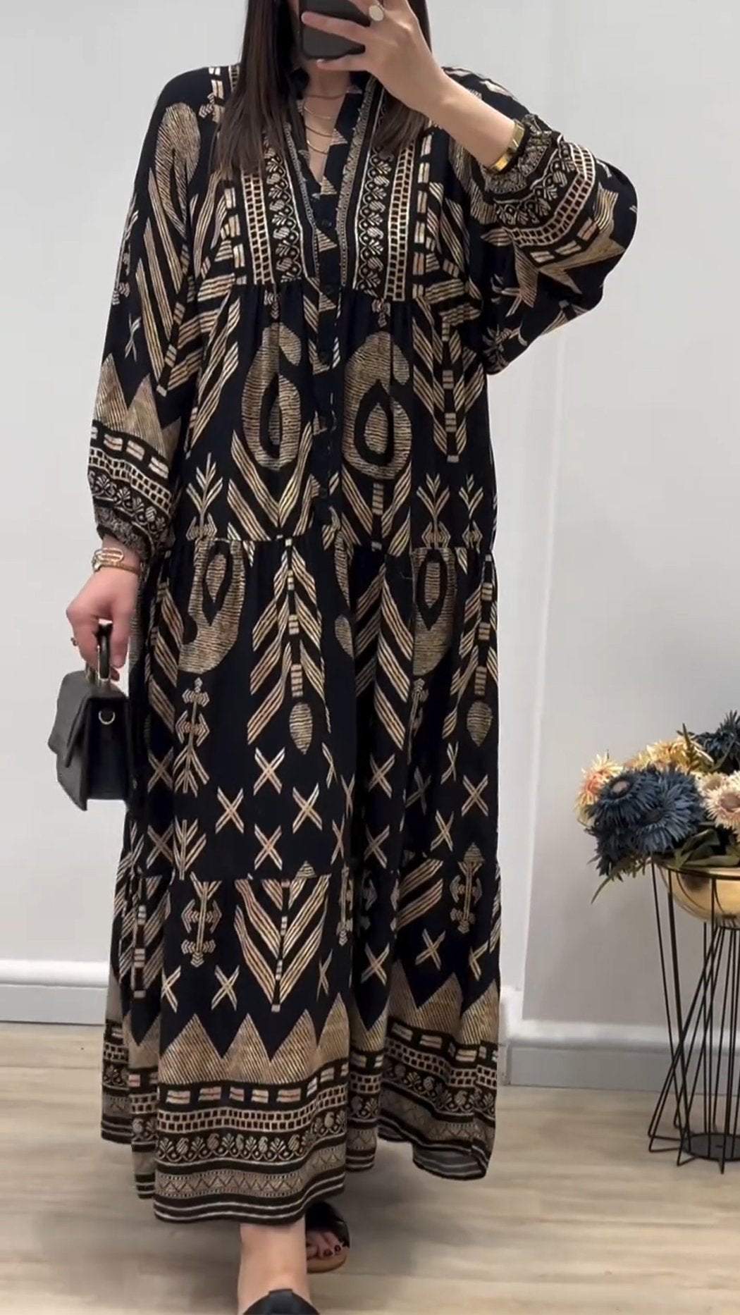 Casual V-neck Printed Long-sleeved Dress