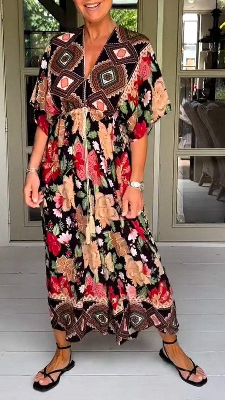 V-neck Vintage Printed Jumpsuit