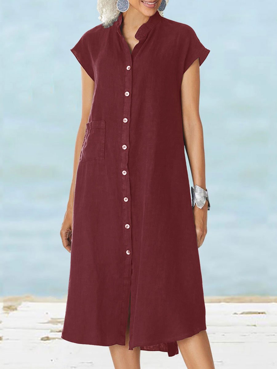 Stand Collar Cotton and Linen Pocket Short Sleeve Shirt Dress