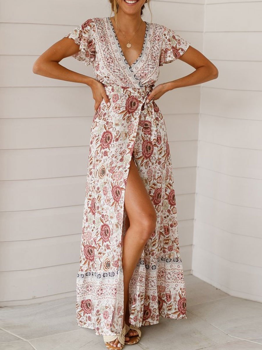 V-Neck Retro Ethnic Print Holiday Cardigan Tie Short-Sleeved Maxi Dress