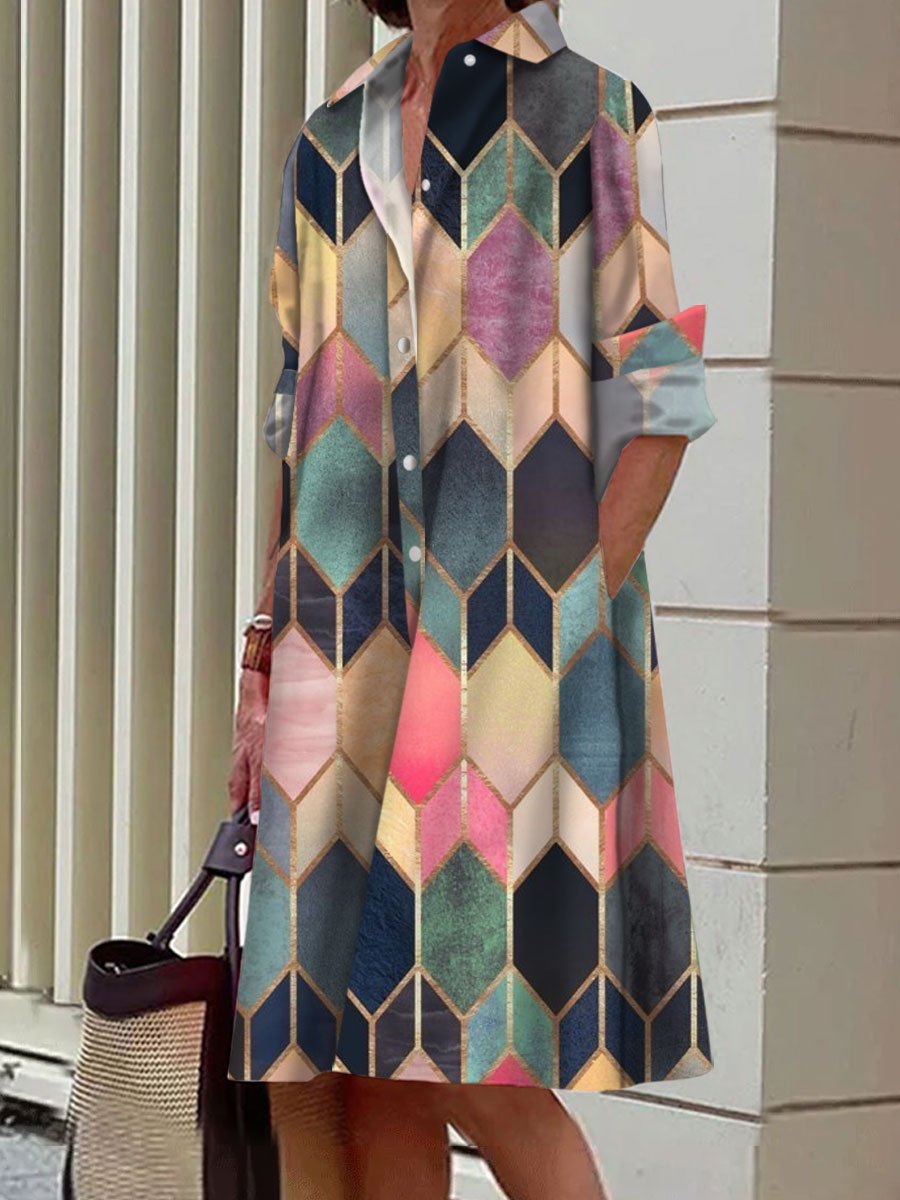 Colorful Geometric Print Casual Loose Long-Sleeved Shirt Dress