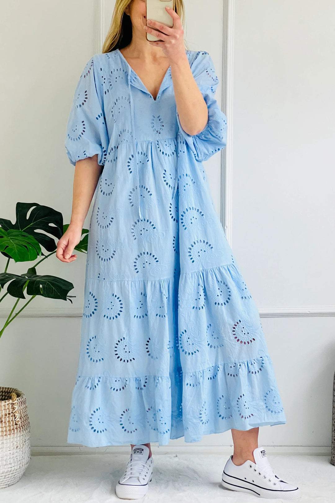 Casual V-neck Mid-sleeve Hollow Dress