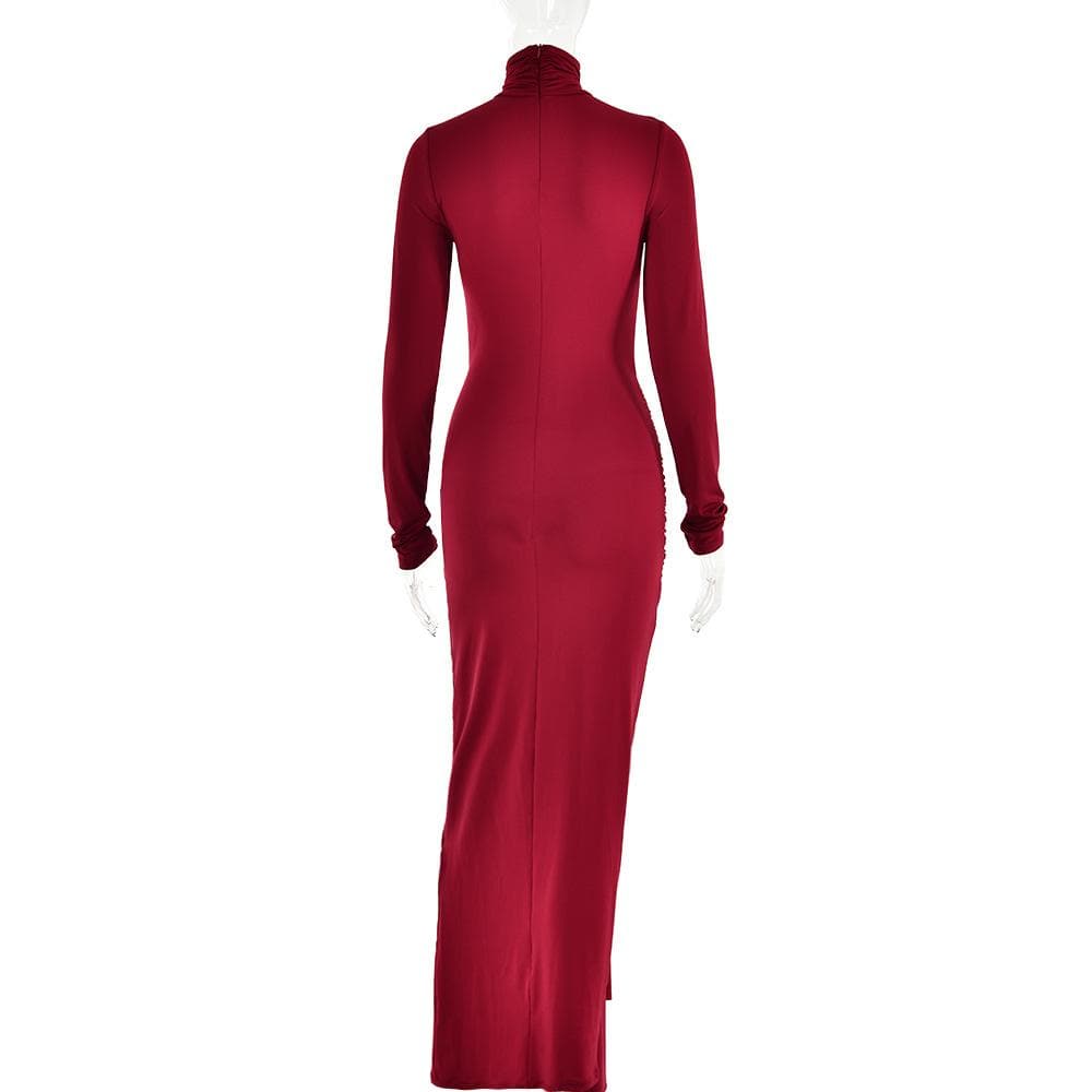 Ruched solid long sleeve turtle neck self tie maxi dress