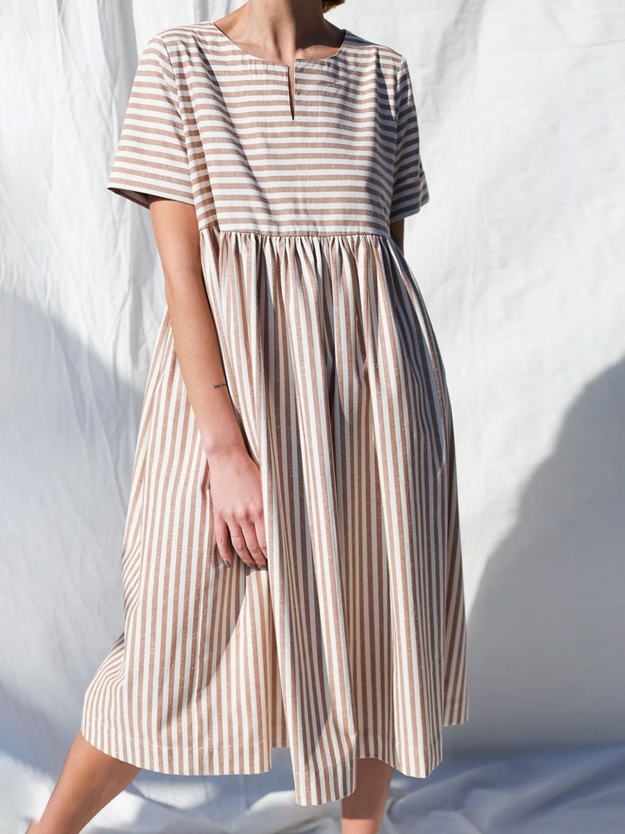 Cotton And Linen Striped Casual Loose Pocket Short-Sleeved Midi Dress