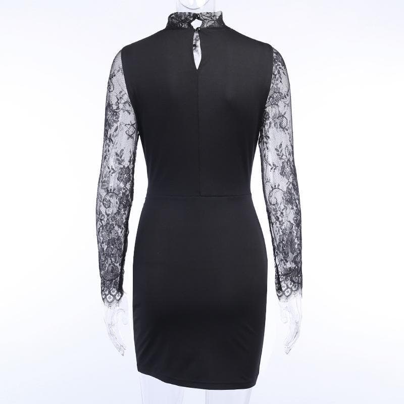 Hem lace low-cut high neck long sleeve ruched mini dress