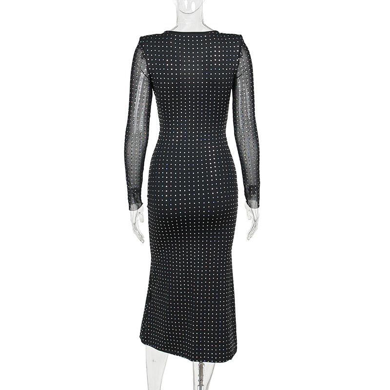 Polka dot contrast hollow out long sleeve mesh cut out midi dress