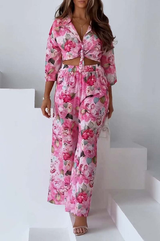 Women's Casual Floral Print Wide Leg Pants Two-Piece Set