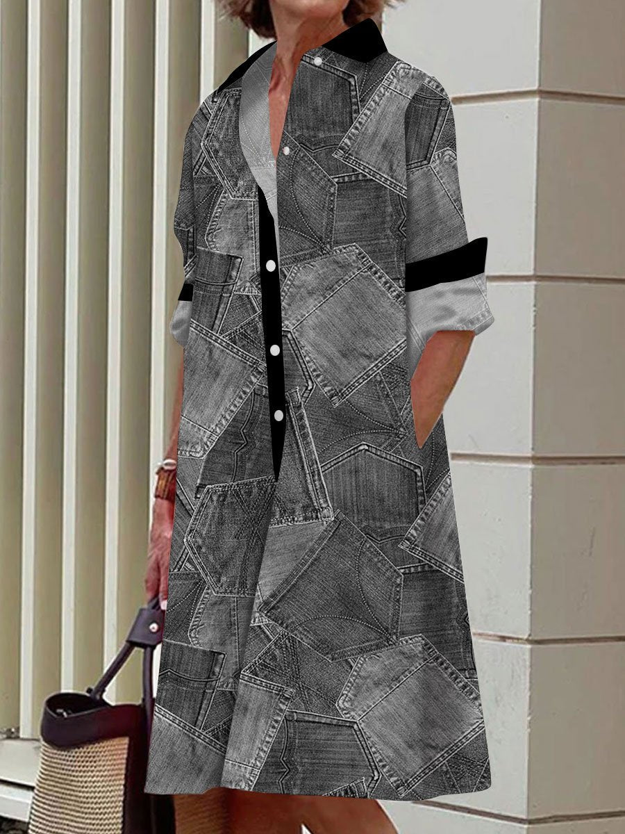 Denim Pocket Patchwork Printed Casual Loose Long-Sleeved Shirt Dress