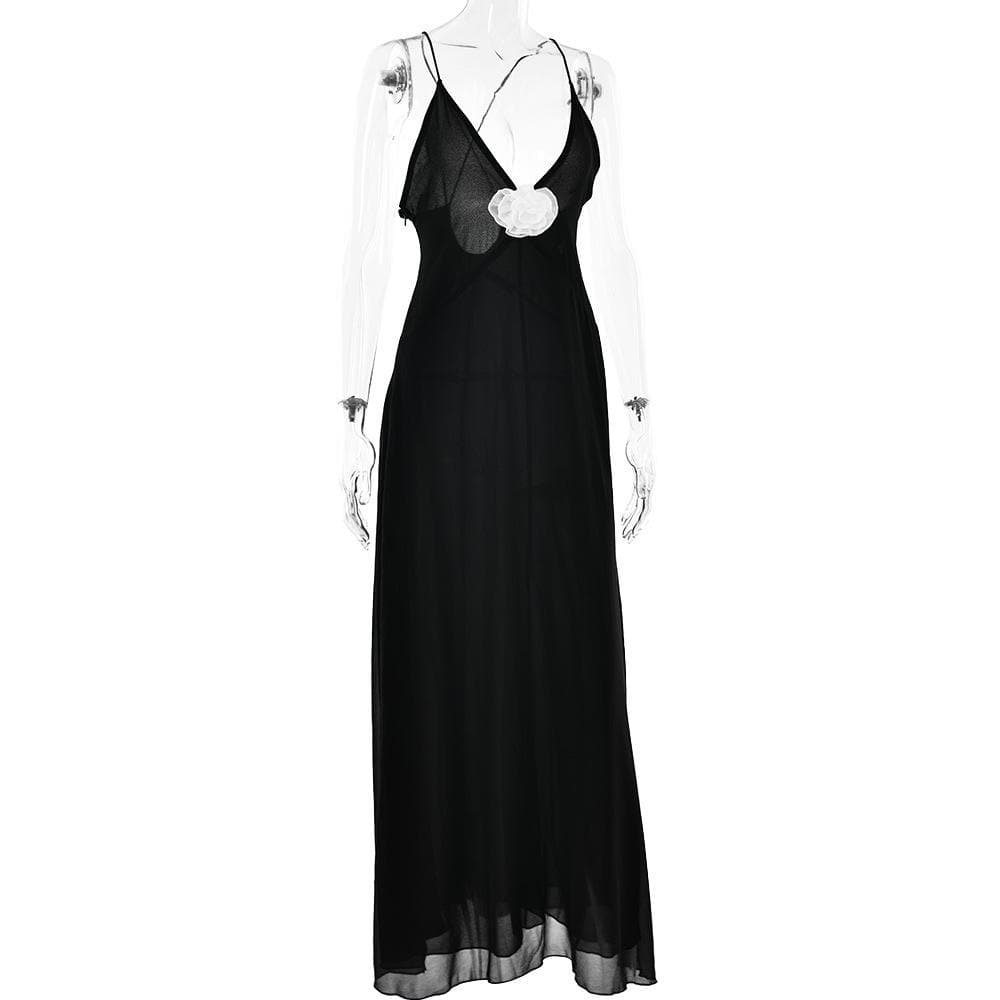 Flower applique v neck ruched zip-up cross back maxi dress