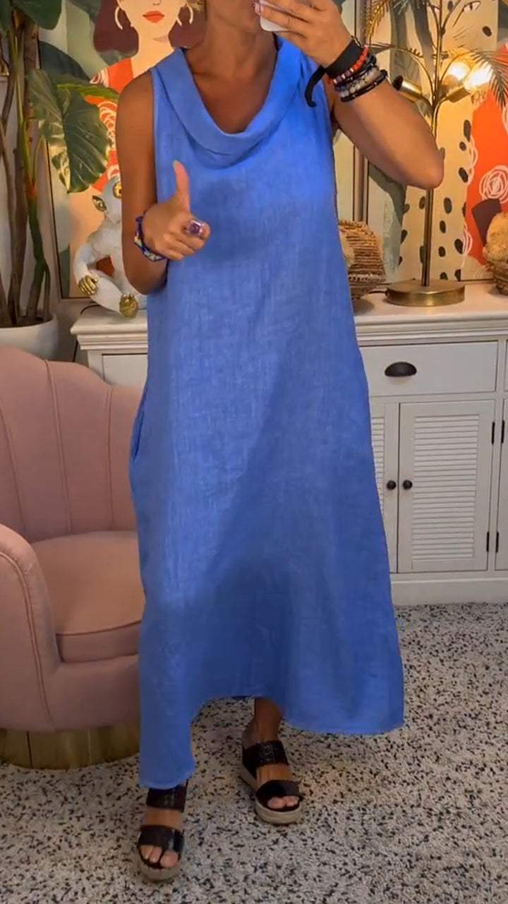 Neck Sleeveless Cotton and Linen Dress