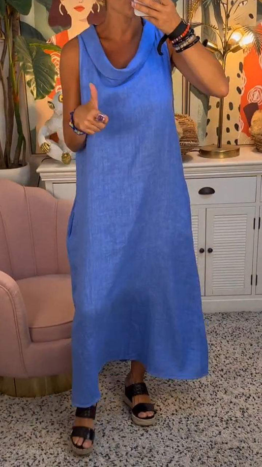 Neck Sleeveless Cotton and Linen Dress
