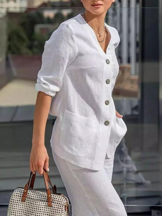 Women Cotton and Linen Plain Shirt and Pants Two-pieces Set