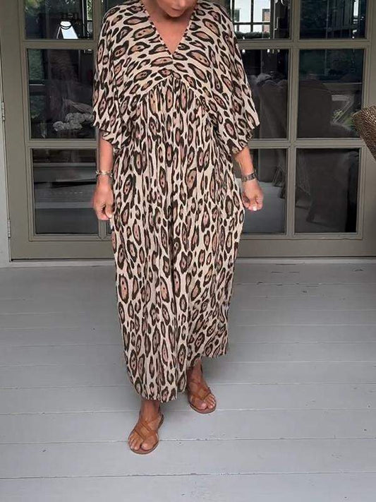 Women's V-neck Leopard Printed Loose Dress