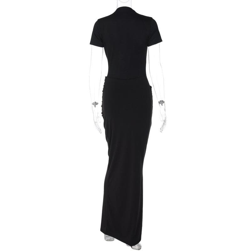 Short sleeve v neck ruched low cut slit solid maxi dress