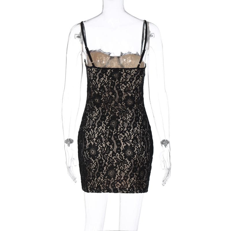 Lace contrast zip-up backless cami mini dress