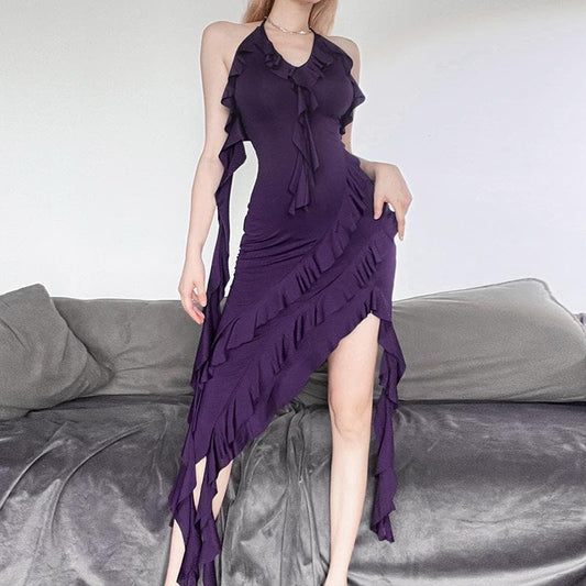 Solid ruffle irregular halter backless self tie v neck maxi dress