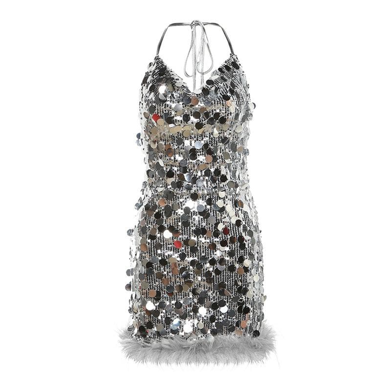 Feather glitter halter v neck backless mini dress