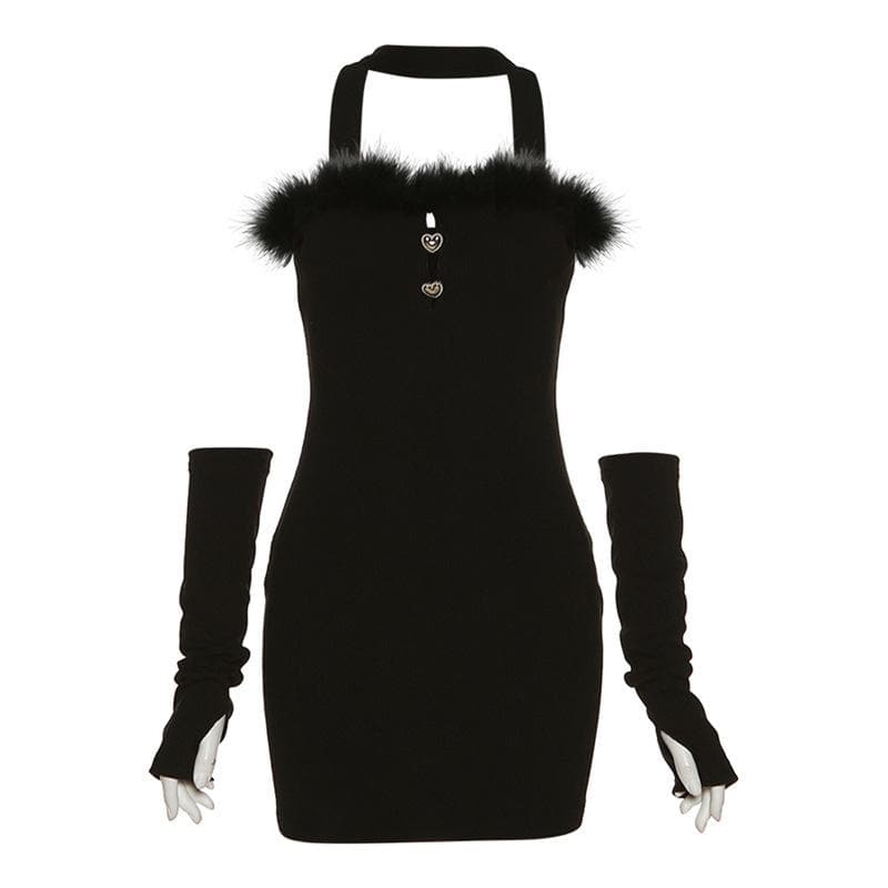 Halter solid hollow out feather gloves cut out mini dress